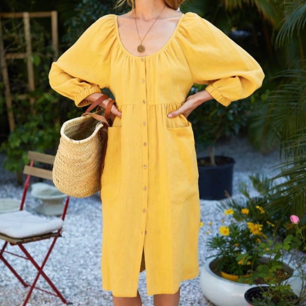 EMERSON FRY JASMINE BUTTON MIDI DRESS HONEY LINEN Size XS